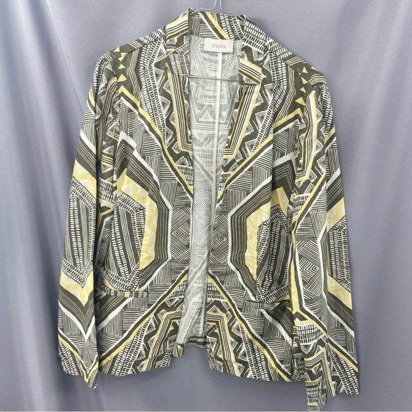 Chico’s Shimmer Heidi Geometric Print Linen Blend Cardigan Jacket Size 1 Medium - Picture 1 of 8